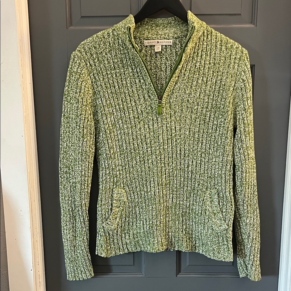 Tommy Hilfiger Textured Green Quarter Zip Sweater HALI